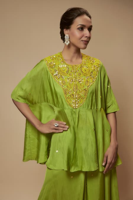 Buy_Keith Gomes_Green Silk, Lycra Sequins, Beads Floral Embellished Peplum Tunic Palazzo Set _Online_at_Aza_Fashions