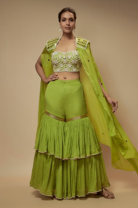 Keith Gomes Green Blouse And Cape Silk Organza Embellished Sequin Cape Open Gharara Set 