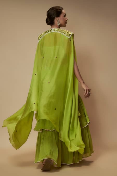 Shop_Keith Gomes_Green Silk Organza, Chiffon Pearls, Sequins, Beads Embellished Cape Gharara Set _at_Aza_Fashions