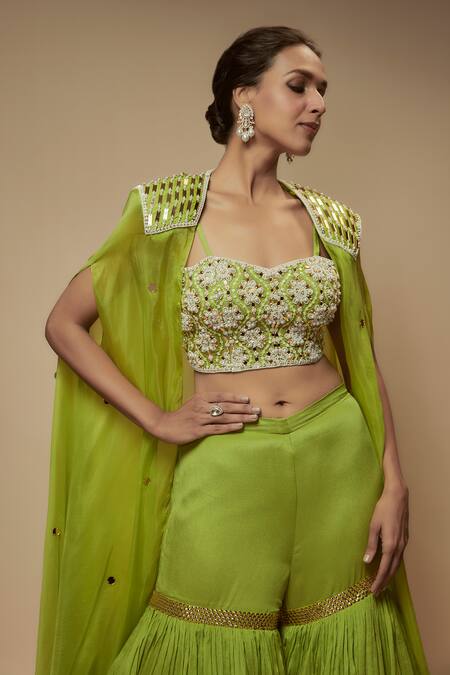Keith Gomes_Green Silk Organza, Chiffon Pearls, Sequins, Beads Embellished Cape Gharara Set _Online_at_Aza_Fashions