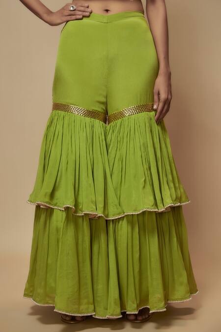 Buy_Keith Gomes_Green Silk Organza, Chiffon Pearls, Sequins, Beads Embellished Cape Gharara Set _Online_at_Aza_Fashions