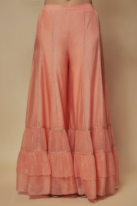 Keith Gomes_Peach Silk Organza Zari, Sequins, Zardozi Embroidered Floral Kurta Palazzo Set _Online_at_Aza_Fashions