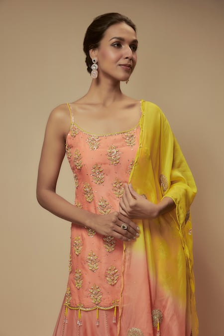 Buy_Keith Gomes_Peach Silk Organza Zari, Sequins, Zardozi Embroidered Floral Kurta Palazzo Set _Online_at_Aza_Fashions