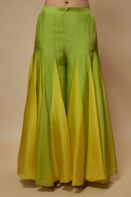 KEITH GOMES_Green Silk Organza Sequins, Embroidery Round Zardozi Cut-out Tunic Palazzo Set _Online_at_Aza_Fashions