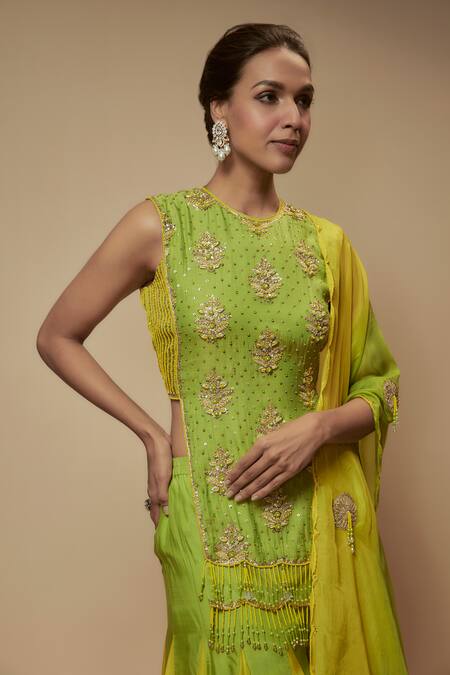 Buy_KEITH GOMES_Green Silk Organza Sequins, Embroidery Round Zardozi Cut-out Tunic Palazzo Set _Online_at_Aza_Fashions