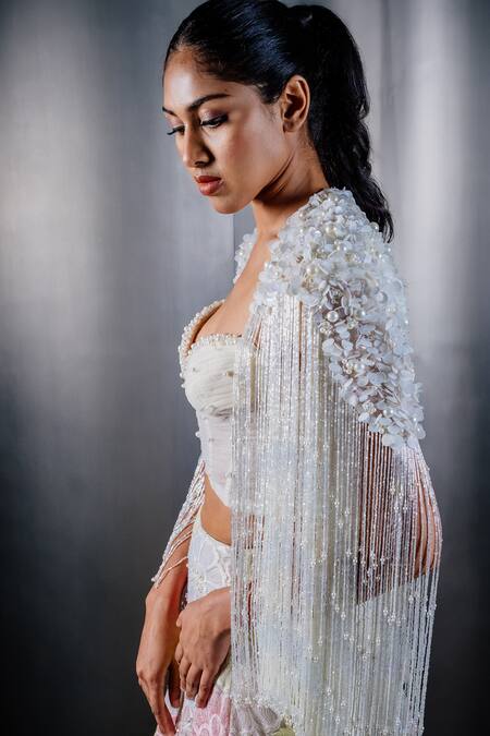 Shriya Som_Ivory Tulle Embellished Pearl Sweetheart Corset _Online_at_Aza_Fashions