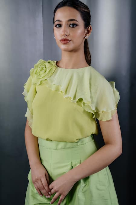 Shop_Shriya Som_Green Georgette Round Rosette Chiffon Top _at_Aza_Fashions