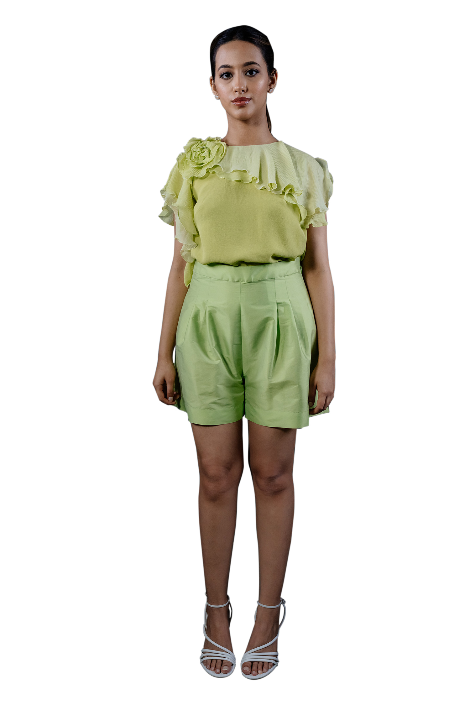 Shriya Som_Green Georgette Round Rosette Chiffon Top _Online_at_Aza_Fashions