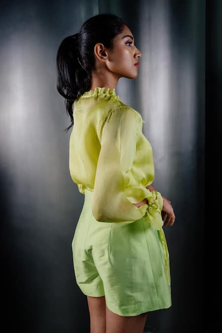 Shop Shriya Som Green Organza Embroidery Floral Shirt With Slip at Aza Fashions Shop_Shriya Som_Green Organza Embroidery Floral Shirt With Slip _at_Aza_Fashions