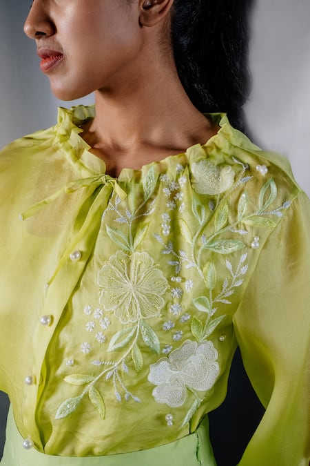 Shriya Som Green Organza Embroidery Floral Shirt With Slip Online at Aza Fashions Shriya Som_Green Organza Embroidery Floral Shirt With Slip _Online_at_Aza_Fashions