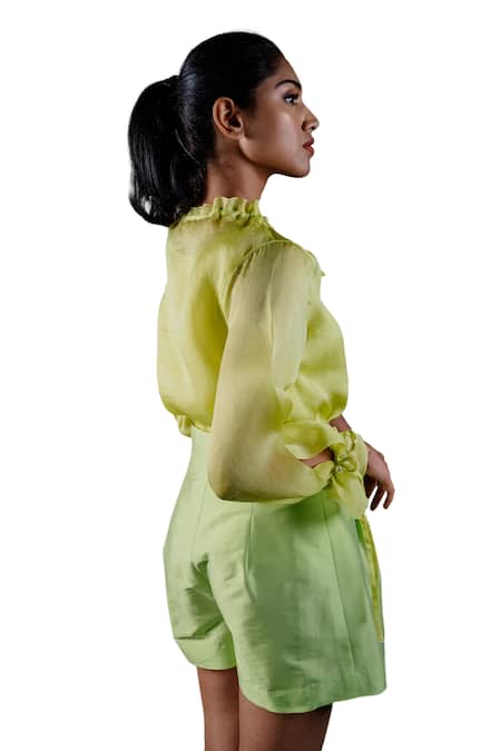 Shop Shriya Som Green Organza Embroidery Floral Shirt With Slip Online at Aza Fashions Shop_Shriya Som_Green Organza Embroidery Floral Shirt With Slip _Online_at_Aza_Fashions