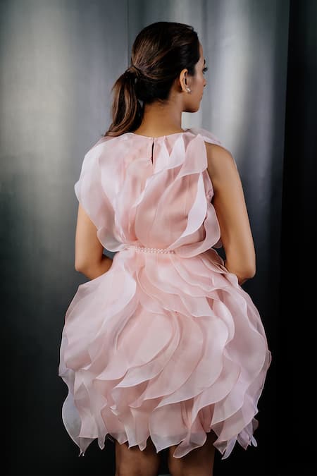 Shop_Shriya Som_Pink Organza Round Rosette Ruffled Dress With Belt _at_Aza_Fashions