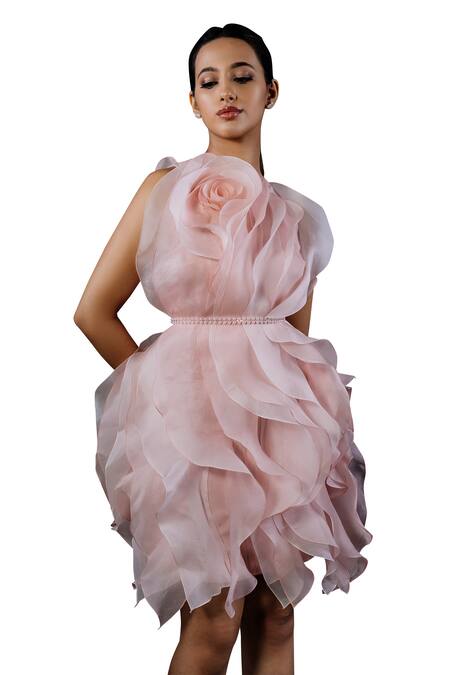 Shriya Som_Pink Organza Round Rosette Ruffled Dress With Belt _Online_at_Aza_Fashions