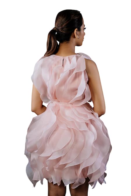 Shop_Shriya Som_Pink Organza Round Rosette Ruffled Dress With Belt _Online_at_Aza_Fashions