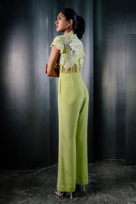 Shop Shriya Som Green Tulle, Crepe Embroidery Floral Cutwork And Applique Jumpsuit at Aza Fashions Shop_Shriya Som_Green Tulle, Crepe Embroidery Floral Cutwork And Applique Jumpsuit _at_Aza_Fashions