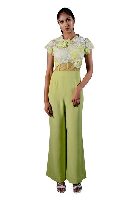 Shriya Som Green Tulle, Crepe Embroidery Floral Cutwork And Applique Jumpsuit Online at Aza Fashions Shriya Som_Green Tulle, Crepe Embroidery Floral Cutwork And Applique Jumpsuit _Online_at_Aza_Fashions