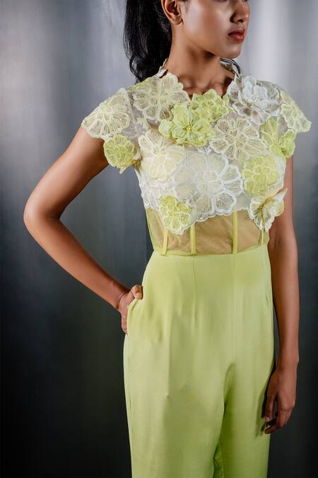 Buy Shriya Som Green Tulle, Crepe Embroidery Floral Cutwork And Applique Jumpsuit Online at Aza Fashions Buy_Shriya Som_Green Tulle, Crepe Embroidery Floral Cutwork And Applique Jumpsuit _Online_at_Aza_Fashions