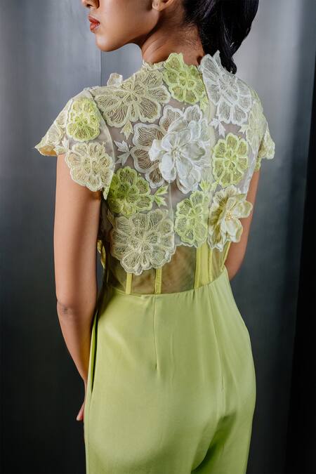 Shop Shriya Som Green Tulle, Crepe Embroidery Floral Cutwork And Applique Jumpsuit Online at Aza Fashions Shop_Shriya Som_Green Tulle, Crepe Embroidery Floral Cutwork And Applique Jumpsuit _Online_at_Aza_Fashions