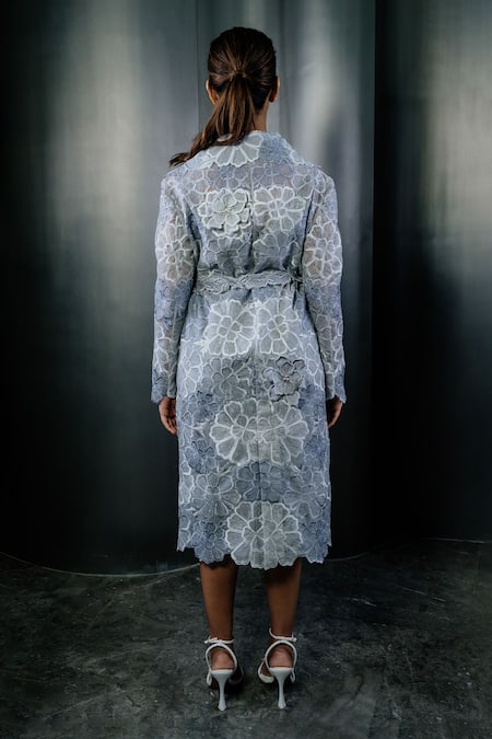 Shop_Shriya Som_Grey Tulle Embroidery Collared Floral Dress With Belt _at_Aza_Fashions