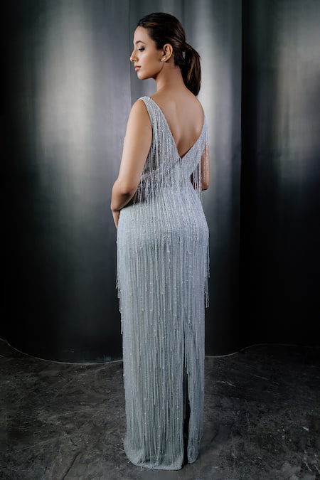 Shop_Shriya Som_Grey Tulle Boat Beaded Line Midi Dress _at_Aza_Fashions