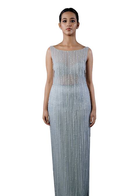 Shriya Som_Grey Tulle Boat Beaded Line Midi Dress _Online_at_Aza_Fashions