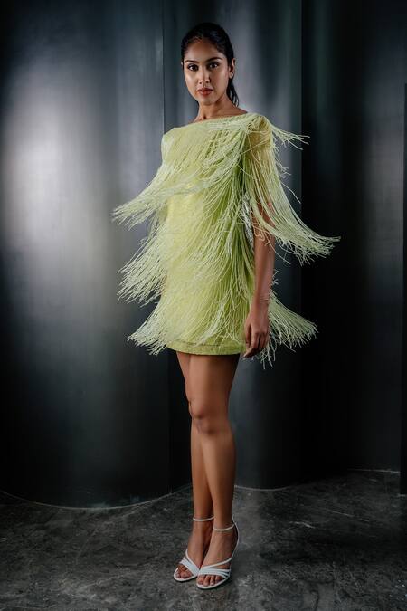 Shriya Som_Green Tulle Boat Fringed Short Dress _Online_at_Aza_Fashions