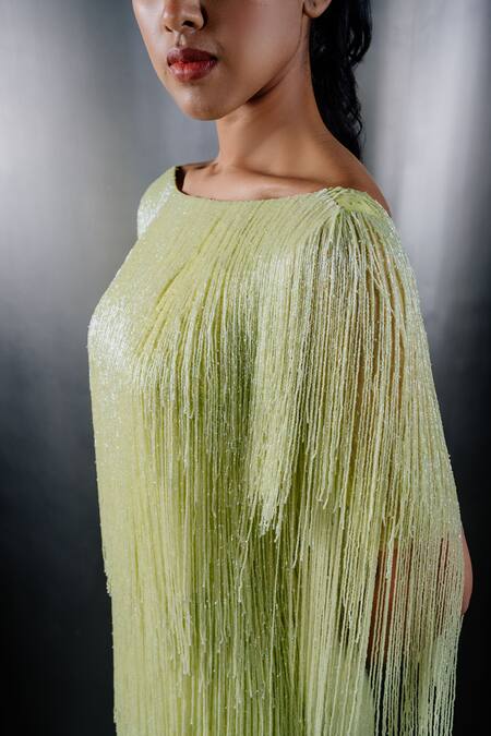 Buy_Shriya Som_Green Tulle Boat Fringed Short Dress _Online_at_Aza_Fashions
