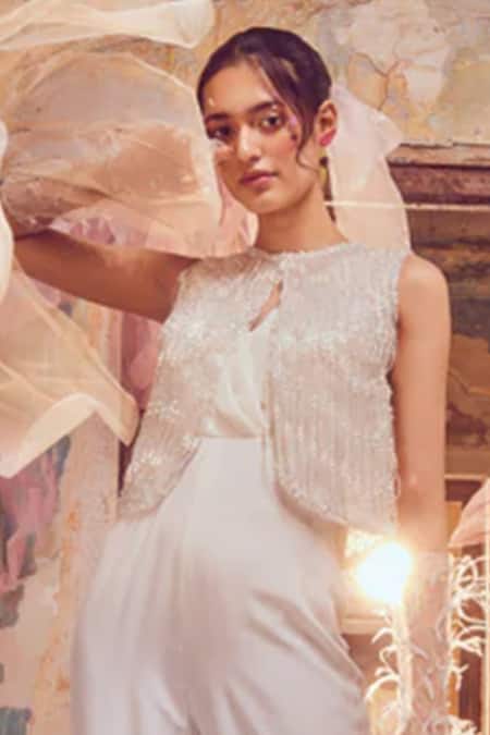 Shop_Shriya Som_Ivory Crepe Round Ombre Jumpsuit _at_Aza_Fashions