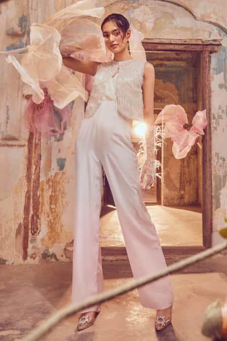 Shop_Shriya Som_Ivory Tulle Round Fringed Vest _at_Aza_Fashions