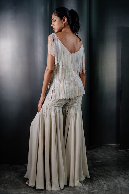 Shop_Shriya Som_Ivory Tulle V Neck Fringed Tunic _at_Aza_Fashions