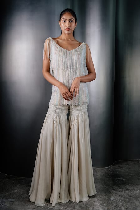 Shriya Som_Ivory Tulle V Neck Fringed Tunic _Online_at_Aza_Fashions