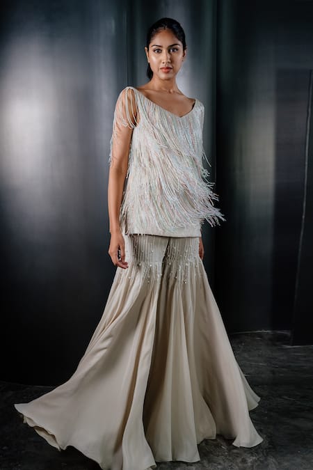 Buy_Shriya Som_Ivory Tulle V Neck Fringed Tunic _Online_at_Aza_Fashions