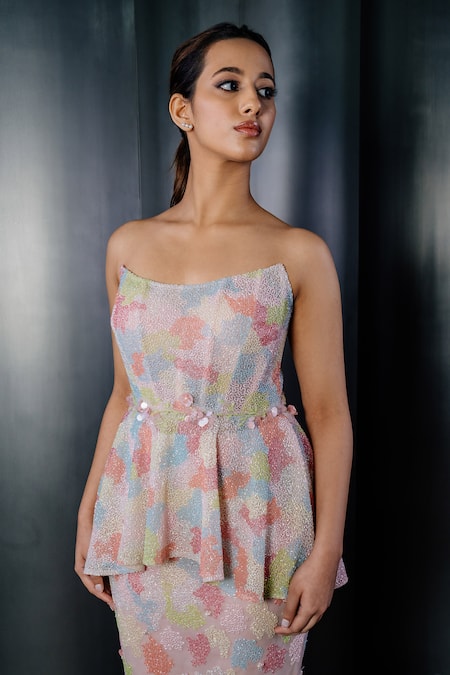 SHRIYA SOM Multi Color Tulle Embroidered Glitch Boat Corset Peplum Top 