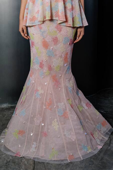 Shop_Shriya Som_Multi Color Tulle Embroidered Glitch Skirt _at_Aza_Fashions