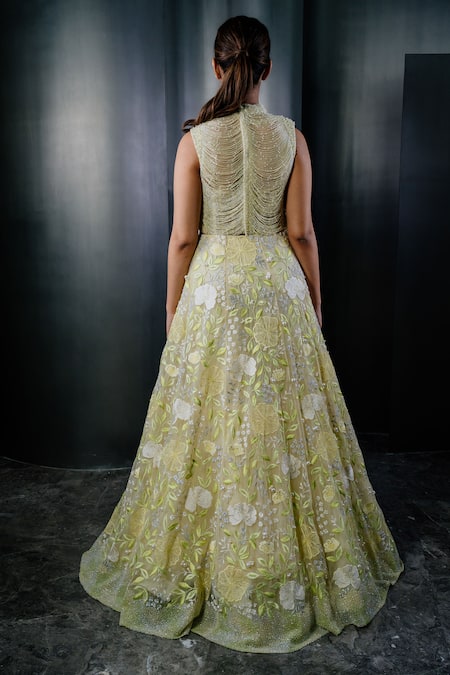 Shop_Shriya Som_Green Tulle Embroidered Fringe Round Top _at_Aza_Fashions