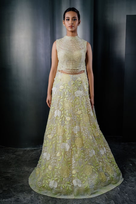 SHRIYA SOM Green Tulle Embroidered Floral Applique Work Lehenga 