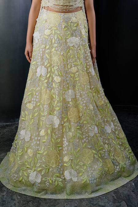 Shriya Som_Green Tulle Embroidery Floral Applique Work Lehenga _Online_at_Aza_Fashions
