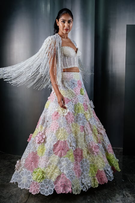 Shop Shriya Som Multi Color Tulle Embroidery Floral Applique Lehenga at Aza Fashions Shop_Shriya Som_Multi Color Tulle Embroidery Floral Applique Lehenga _at_Aza_Fashions
