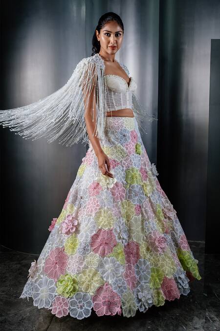 Shriya Som_Ivory Tulle Embroidered Fringe Open Cape _Online_at_Aza_Fashions