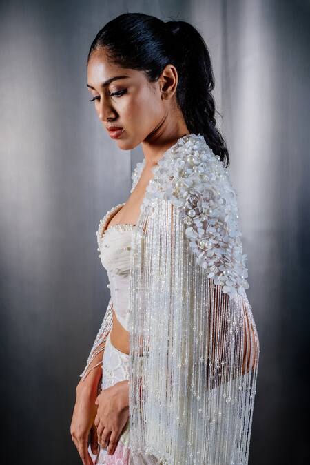 Buy_Shriya Som_Ivory Tulle Embroidered Fringe Open Cape _Online_at_Aza_Fashions