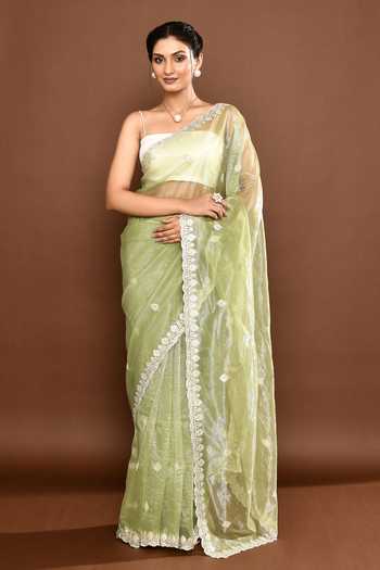 Green Embellished Organza Saree With Unstitched Blouse Piece
