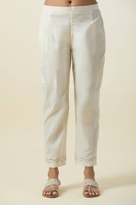 Samyukta Singhania Off White Muslin, Cotton Tassels, Mirrors Floral Butti Print Kurta With Pant Online at Aza Fashions Samyukta Singhania_Off White Muslin, Cotton Tassels, Mirrors Floral Butti Print Kurta With Pant_Online_at_Aza_Fashions