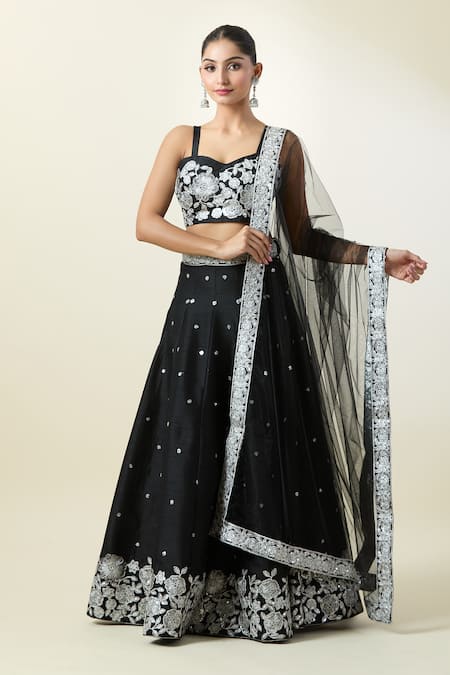 Samyukta Singhania Black Lehenga And Blouse Art Silk Embroidered Thread Sweetheart Floral Set 