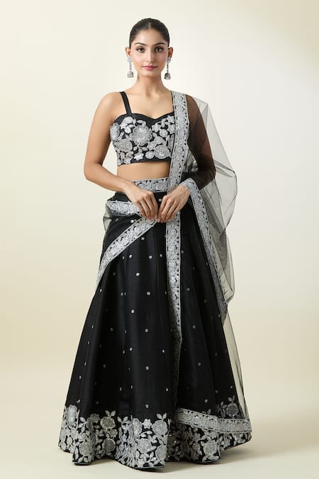 Shop_Samyukta Singhania_Black Silk, Net Embroidery Sweetheart Neck Floral Thread Lehenga Set _Online_at_Aza_Fashions