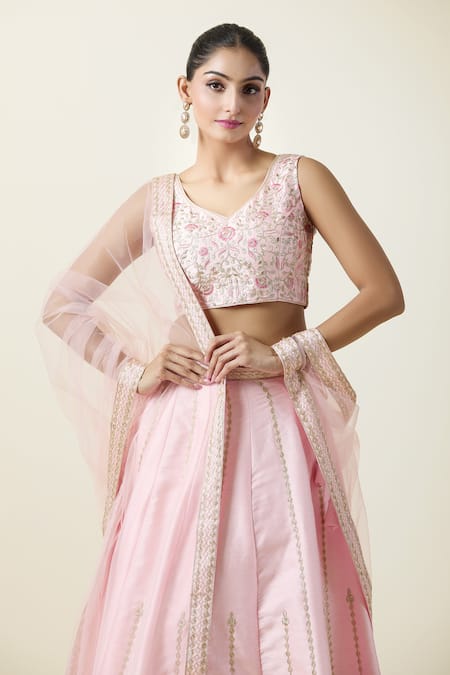 Shop Samyukta Singhania Peach Silk, Net Embroidery V-neck Floral Thread Lehenga Blouse Set Online at Aza Fashions Shop_Samyukta Singhania_Peach Silk, Net Embroidery V-neck Floral Thread Lehenga Blouse Set _Online_at_Aza_Fashions