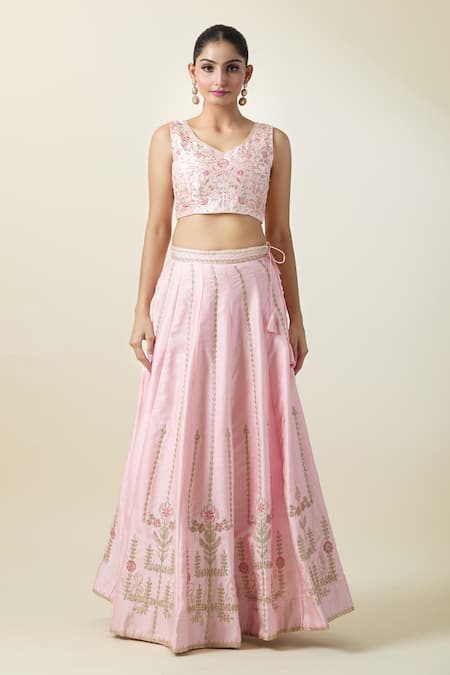 Samyukta Singhania Peach Silk, Net Embroidery V-neck Floral Thread Lehenga Blouse Set at Aza Fashions Samyukta Singhania_Peach Silk, Net Embroidery V-neck Floral Thread Lehenga Blouse Set _at_Aza_Fashions