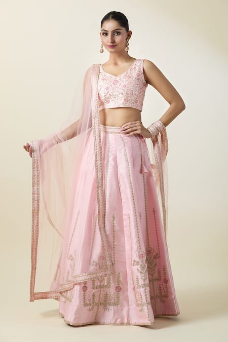 Buy Samyukta Singhania Peach Silk, Net Embroidery V-neck Floral Thread Lehenga Blouse Set Buy_Samyukta Singhania_Peach Silk, Net Embroidery V-neck Floral Thread Lehenga Blouse Set