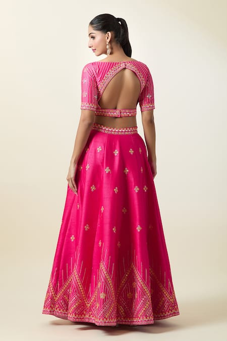 Shop_Samyukta Singhania_Pink Silk, Net Embroidery Plunge Neck Thread Lehenga Set _at_Aza_Fashions