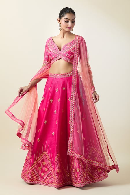 Shop_Samyukta Singhania_Pink Silk, Net Embroidery Plunge Neck Thread Lehenga Set _Online_at_Aza_Fashions