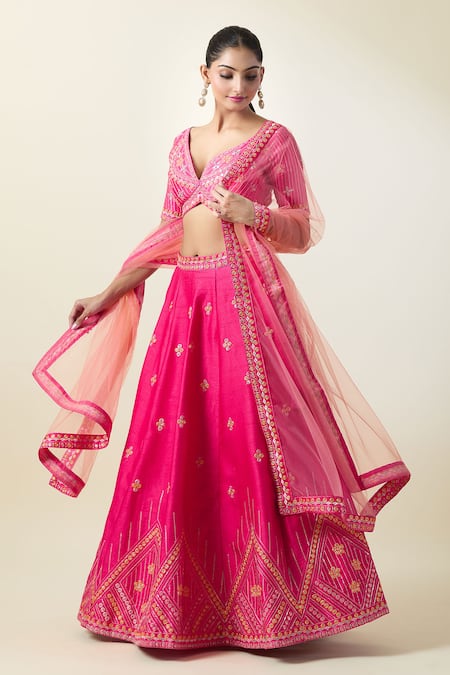 Buy_Samyukta Singhania_Pink Silk, Net Embroidery Plunge Neck Thread Lehenga Set 